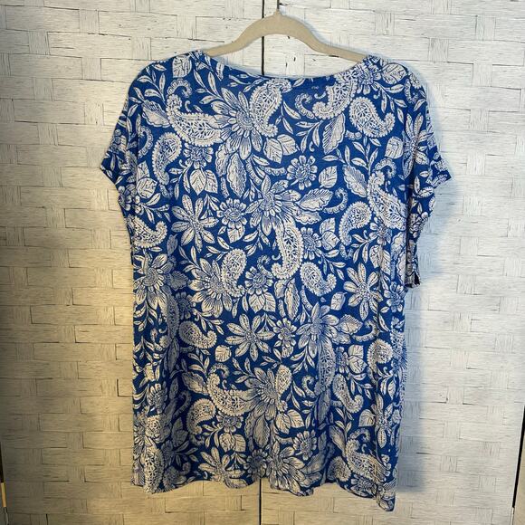 Loft women’s T-shirt Dolman sleeve blue white paisley Linen blend cool breezy  - Picture 2 of 8
